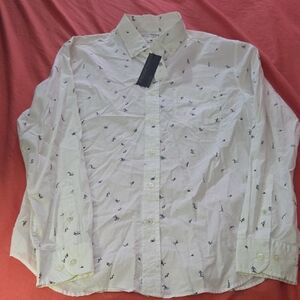Men's Casual White Button Down Shirt with Blue Accents